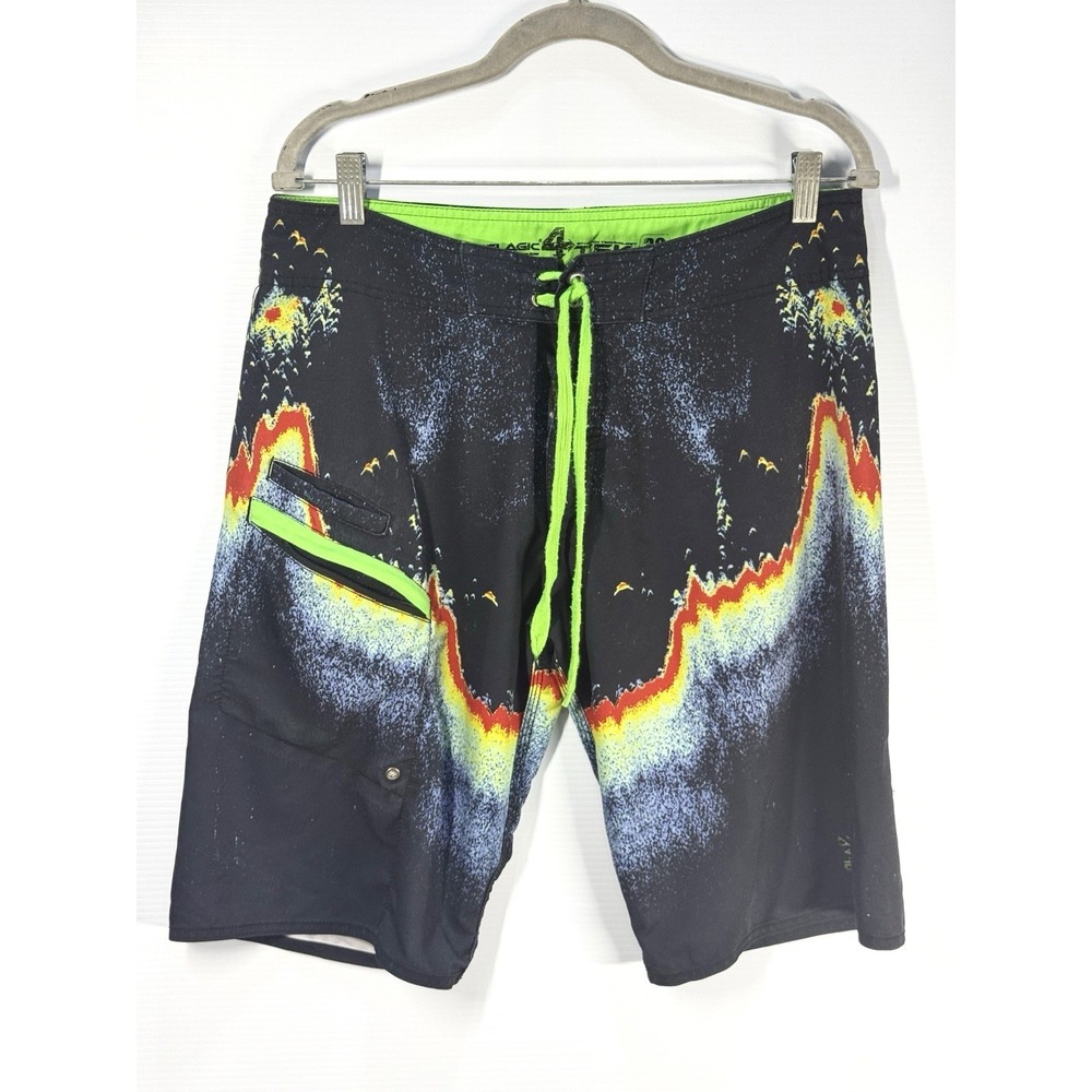Pelagic 4-Tek Black Fishing/Board Shorts Size 32 Black Neon Green Surf Swim